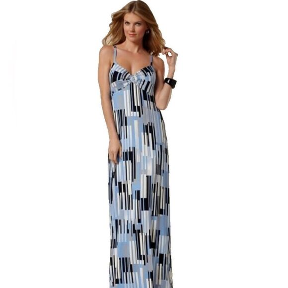 Soma Geometric Print Maxi Dress Twist Front Stretch Knit Black Blue Cream XS NWT - Picture 1 of 14